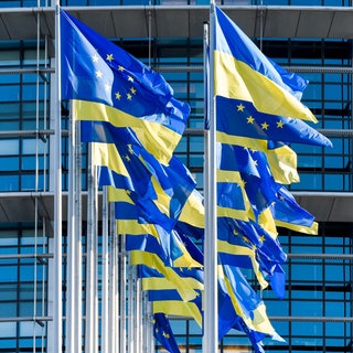 EU- und ukrainische Flaggen wehen vor dem Europäischen Parlament in Straßburg. (Archiv)