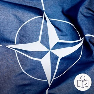 Die Flagge der NATO. Darauf ist das Logo von der NATO in weiß auf blauem Hintergrund. Rechts das SWR Logo für Leichte Sprache.