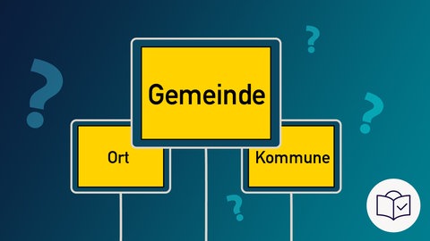 Das Bild ist eine Zeichnung. Das Thema ist: „Was ist eine Gemeinde?“ Der Hintergrund ist dunkel•blau. Auf dem Hinter•grund sind viele Frage•zeichen. Man sieht ein großes Orts•schild. Auf dem Schild steht Gemeinde. Dahinter ist ein kleines Orts•schild. Auf dem Schild steht Ort. Und noch ein kleines Orts•schild. Auf dem Schild steht Kommune. Dazu: Das SWR-Zeichen für Leichte Sprache. Es ist ein weißer Kreis. Darin ist eine blaue Zeichnung: Ein Kopf hinter einem Buch. Auf dem Buch ist ein Häkchen.