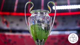 Der silberne Pokal von der Champions League. Rechts das SWR Logo für Leichte Sprache.