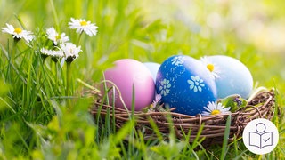 Mehrere bunte Eier liegen in einem Korb auf einer grünen Wiese. Dazu das SWR Logo für Leichte Sprache.