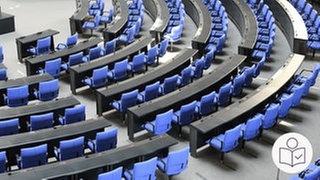 Der Bundestag: Die Abgeordneten sitzen im Halbkreis. Vorne ein Redner·pult. Darüber hängt ein großer silberner Adler. Rechts das SWR Logo für Leichte Sprache.