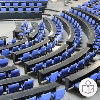 Der Bundestag: Die Abgeordneten sitzen im Halbkreis. Vorne ein Redner·pult. Darüber hängt ein großer silberner Adler. Rechts das SWR Logo für Leichte Sprache.