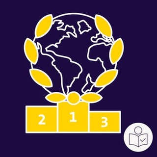Zeichnung: Ein Sieger·treppchen auf blauem Grund. Auf dem 1. Platz steht eine Welt·kugel. Ein Sieger·kranz ist umgibt die Welt·kugel. Rechts das SWR Logo für Leichte Sprache. 