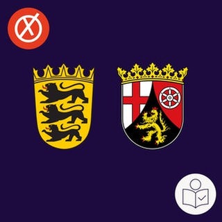 Zeichnung: Das Wappen von Baden-Württemberg ist neben dem Wappen von Rheinland-Pfalz. Der Hintergrund ist blau. Links oben ein weißes Kreuz auf einem roten Kreis. Rechts unten das SWR Logo für Leichte Sprache. 