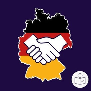 Eine Zeichnung der Deutschland·karte in schwarz-rot-goldener Farbe. In der Mitte zwei verschränkte Hände. Rechts unten das SWR-Logo für Leichte Sprache. 