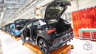 Mehrere Autos werden zusammengebaut. Die Autos stehen hintereinander in einer Produktions·straße. Rechts das SWR Logo für Leichte Sprache.