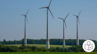 Windräder auf einem Feld vor blauem Himmel. Mit den Windrädern wird Strom erzeugt. Strom aus Windkraft nennt man erneuerbare Energie. Rechts das SWR Logo für Leichte Sprache.