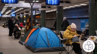 In Kiew sind viele Menschen ohne Strom und Heizung. Russische Luftangriffe haben die Energie·versorgung lahm·gelegt. Manche Menschen halten sich in in U-Bahn·stationen auf. Dort ist es wärmer als in ihren Wohnungen. Das Bild zeigt eine Frau auf einem U-Bahn·steig. Im Hintergrund ein Zelt. Rechts das SWR Logo für Leichte Sprache. 