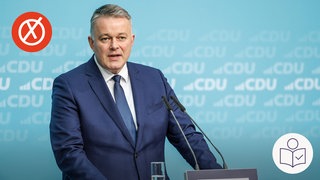 Der CDU-Politiker Gordon Schnieder hält eine Rede. Eine Umfrage zeigt: Viele Menschen wollen bei der Landtags·wahl 2026 die CDU wählen. Links oben ein weißes Kreuz auf einem roten Kreis. Rechts unten das SWR Logo für Leichte Sprache.