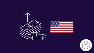 eine Zeichnung zum Thema Zölle: Links ein Auto und Euro-Scheine. Da drüber ein Pfeil nach oben. Rechts eine USA-Flagge. Rechts das SWR Logo für Leichte Sprache. 