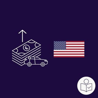 eine Zeichnung zum Thema Zölle: Links ein Auto und Euro-Scheine. Da drüber ein Pfeil nach oben. Rechts eine USA-Flagge. Rechts das SWR Logo für Leichte Sprache. 