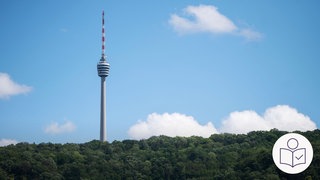 Der Fernseh·turm in Stuttgart. Rechts das SWR Logo für Leichte Sprache.