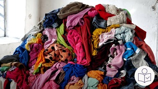 Ein Berg von unterschiedlichen Kleidungsstücken in verschiedenen Farben. Rechts das SWR Logo für Leichte Sprache.