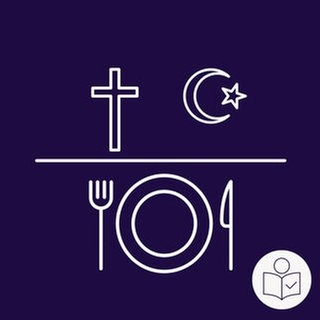 Zeichnung: Ein leerer Teller auf einem blauen Hintergrund. Rechts liegt ein Messer und links liegt eine Gabel. Darüber ist ein Kreuz und ein Halb·mond mit einem Stern. Das Kreuz ist das Symbol für die Religion Christentum. Der Halb·mond und der Stern sind das Symbol für die Religion Islam. Rechts das SWR Logo für Leichte Sprache.