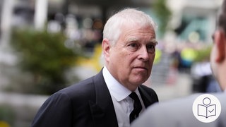 Der frühere Prinz Andrew von Großbritannien. Rechts das SWR Logo für Leichte Sprache.