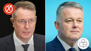 Links der Minister·präsident von Rheinland-Pfalz Alexander Schweitzer. Rechts der Spitzen·kandidat von der CDU Gordon Schnieder. Beide treten bei der Landtags·wahl an. Rechts das SWR Logo für Leichte Sprache.