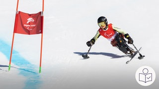 Eine Ski·fahrerin fährt den Abhang herunter. Die Ski·fahrerin fährt um eine rote Fahnen·stange. Die Ski·fahrerin ist Anna-Lena Forster. Sie hat eine Behinderung. Sie fährt im Sitzen nur auf einem Ski. Anna-Lena-Forster fährt auch bei den Paralympischen Spielen. Rechts das SWR Logo für Leichte Sprache.
