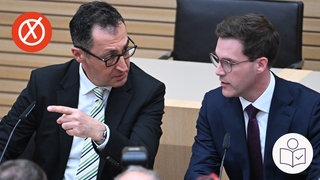 Foto vom Wahlabend: Die Spitzen∙kandidaten von den Parteien Die Grünen und CDU. Cem Özdemir ist links im Bild und Manuel Hagel rechts im Bild. Links das SWR Logo für Leichte Sprache für die Wahl. Rechts das SWR Logo für Leichte Sprache.