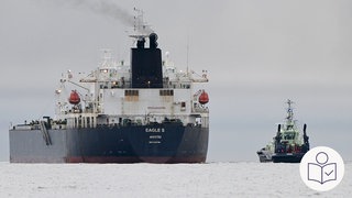 Das ist ein Beispiel·bild: Ein Schiff fährt auf dem Meer. Es hat Öl geladen. Rechts das SWR Logo für Leichte Sprache.