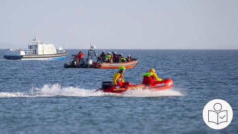 Mehrere Boote auf dem Meer. Es sind Boote von Rettungs·kräften und Tier·schützern. Die Boote begleiten den Wal hinaus aufs Meer. Der Wal hat in der Ostsee fest gesessen. Rechts das SWR Logo für Leichte Sprache. 