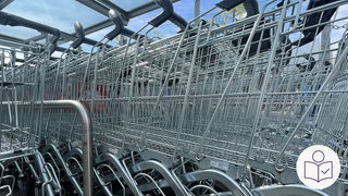 Mehrere Einkaufs·wagen stehen zusammen·geschoben unter einem Glas·dach. Rechts das SWR Logo für Leichte Sprache. Ein Mann hat in Mannheim mehr als 300 Einkaufs·wagen geklaut.