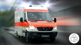 Das ist ein Beispiel·bild: Ein Rettungs·wagen fährt auf einer Straße. Rechts das SWR Logo für Leichte Sprache. 