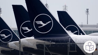 Mehrere Flugzeuge von Lufthansa stehen nebeneinander auf dem Boden. Man sieht nur den hinteren Teil von den Flugzeugen. Rechts das SWR Logo für Leichte Sprache.