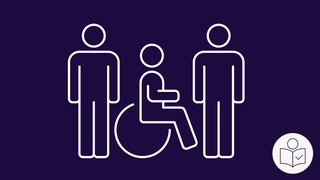 Eine Zeichnung zeigt drei Menschen. Die Menschen sind nahe beieinander. Ein Mensch sitzt im Roll·stuhl. Zwei Menschen stehen daneben. Rechts das SWR Logo für leichte Sprache.   