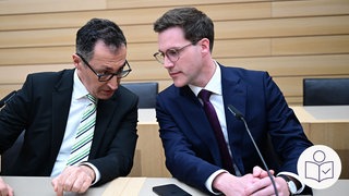 Die beiden Politiker Cem Özdemir von der Partei Die Grünen und Manuel Hagel von der CDU. Beide sprechen miteinander. Rechts das SWR Logo für Leichte Sprache. 