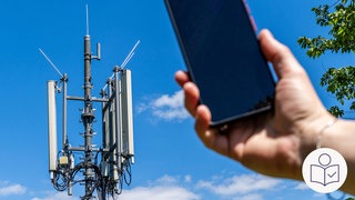 Eine Hand hält ein Handy in die Luft. Dahinter ein Funk·mast für Handy·empfang. Rechts das SWR Logo für Leichte Sprache. Ist der Handy·empfang schlecht? Dann können Sie ihren Vertrag kündigen.