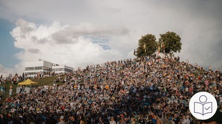 Viele Menschen auf dem Hügel beim Fest in Karlsruhe. Das Fest ist in ein Musik-Festival. Auf dem Hügel stehen zwei Bäume. Rechts das SWR Logo für Leichte Sprache.