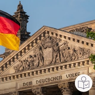 Das Reichtags·gebäude im Hintergrund. Vordergrund die Deutschland·fahne. Rechts das SWR Logo in Leichter Sprache.