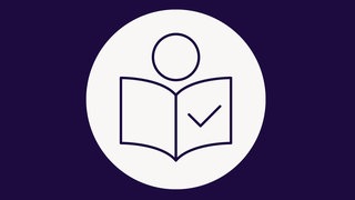 Das SWR Logo für Leichte Sprache. Eine Zeichnung zeigt einen weißen Kreis und eine Figur mit einem Buch oder einer Zeitung. Auf dem Buch oder der Zeitung ist ein Haken für ok.  