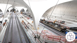 Der neue Bahnhof von Stuttgart ist unter der Erde. Es kommt trotzdem Licht von oben. Rechts das SWR Logo für Leichte Sprache. 