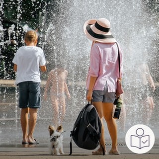 Mehrere Menschen stehen vor Wasser·spielen in einer Stadt. Wasser sprudelt aus dem Boden. Die Menschen haben sommerliche Kleidung an. Rechts das SWR Logo für Leichte Sprache.