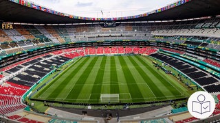 Ein Blick in das Azteken·stadion in Mexiko-Stadt. Dort beginnt die Fußball-Welt·meisterschaft 2026 mit einer Eröffnungs·feier. Rechts das SWR Logo für Leichte Sprache.