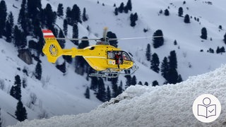 Das ist ein Beispiel·bild: Ein gelber Rettungs·hubschrauber fliegt in den Bergen. Auf den Bergen liegt Schnee. Die Bergrettung hat einen Mann aus Ettlingen aus den Bergen gerettet. Rechts das SWR Logo für Leichte Sprache.
