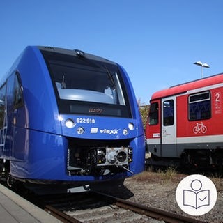 Zwei Regional·züge an einem Bahnhof. Ein blauer Zug der Firma Vlexx. Ein roter Zug von der Deutschen Bahn. Die Bahn will die Strecke Mainz - Alzey ausbauen. Rechts das SWR Logo für Leichte Sprache.