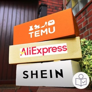 Drei Pakete auf einem Stapel. Die Pakete sind von Temu, Shein und Aliexpress. Für diese Online-Händler gibt es einen neuen Zoll in der EU. Rechts das SWR Logo für Leichte Sprache.