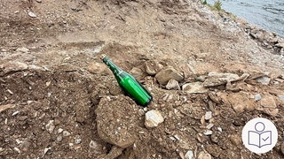 Eine grüne Flasche liegt am Ufer von dem Fluss Rhein. Rechts das SWR Logo für Leichte Sprache.  
