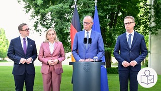 Mitglieder von der Bundesregierung stehen draußen vor einem Mikrofon. Ganz links steht Philipp Amthor. Daneben die neue Chefin vom Kanzler·amt Nina Warken. Vor dem Mikrofon steht Bundes·kanzler Friedrich Merz. Ganz rechts steht der neue Gesundheits·minister Carsten Linnemann. Rechts das SWR Logo für Leichte Sprache.