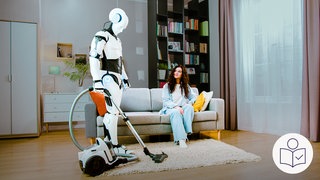 Das Bild zeigt einen Roboter. Der Roboter sieht aus wie ein Mensch. Der Roboter hat einen Staub·sauger in der Hand. Rechts das SWR Logo für Leichte Sprache.  