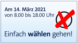 Grafik mit Kreuz im Kreis und dem Text Am 21. März 2021 von 8.00 bis 18.00 einfach wählen gehen!