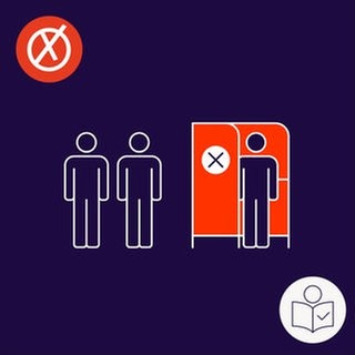 Eine Person ist in einer Wahl·kabine. In der Wahl·kabine wählt die Person. Zwei Personen warten vor der Wahl·kabine. Rechts das SWR Logo für Leichte Sprache.
