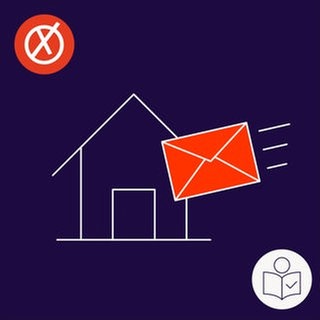 Ein Brief fliegt in ein Haus. Der Brief ist Symbol für die Wahl·benachrichtigung. Die Wahl·benachrichtigung sagt: Sie dürfen wählen. Rechts das SWR Logo für Leichte Sprache.