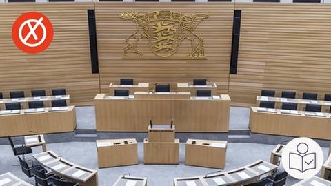 Der Landtag von Baden-Württemberg. Das Bild zeigt den leeren Plenarsaal. Im Plenarsaal diskutieren die Politiker. Dazu das SWR Logo für Leichte Sprache.