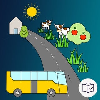 Das Bild ist eine Zeichnung. Das Thema ist: Wenn auf dem Land kein Bus fährt. Der Hintergrund ist dunkel•blau. Man sieht einen Bus und eine Straße. Die Straße führt zu einem Haus. Neben der Straße ist eine Wiese. Auf der Wiese sind Kühe und ein Apfel•baum. Die Sonne scheint. Dazu: Das SWR-Zeichen für Leichte Sprache. Es ist ein weißer Kreis. Darin ist eine blaue Zeichnung: in Kopf hinter einem Buch. Auf dem Buch ist ein Häkchen.