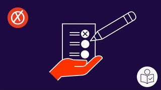 Eine Hand hält einen Stimm·zettel. Das ist ein Symbol für die Hilfe beim Wählen. Rechts das SWR Logo für Leichte Sprache.
