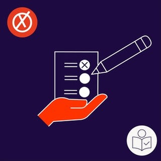 Eine Hand hält einen Stimm·zettel. Das ist ein Symbol für die Hilfe beim Wählen. Rechts das SWR Logo für Leichte Sprache.